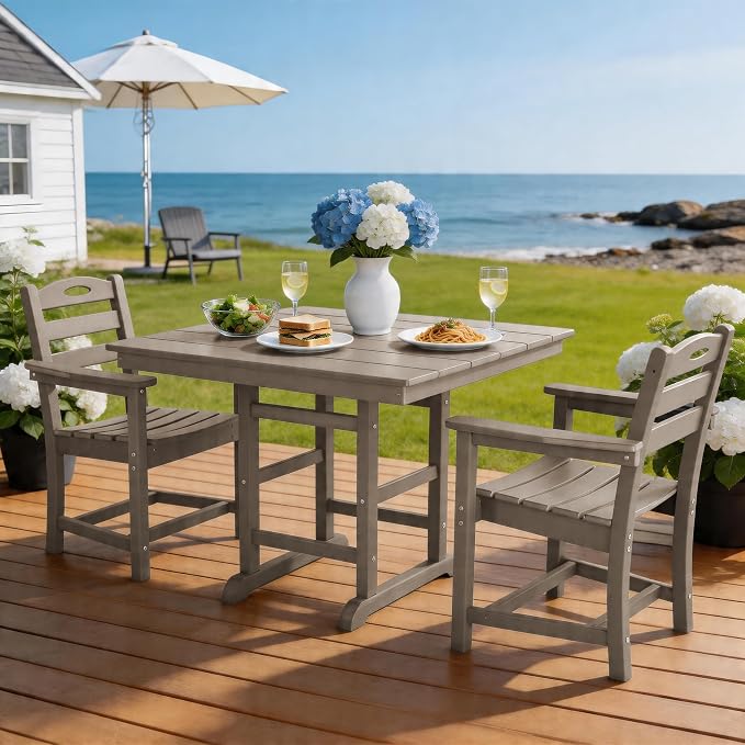 3 Piece Outdoor Patio Dining Set, HDPE 37.8" Square Dining Table & 2 Comfortable Armchairs, 1.77" Umbrella Hole, Heavy Duty Poly Bistro Furniture for Balcony, Porch, Garden, Poolside, Weathered Wood