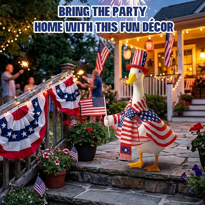 Mastom 4th of July Porch Goose Outfit for 23 Inch Goose Statue, Patriotic Red White Blue Goose Clothes with Flag for Outdoor Garden Patio Decor, USA 250th Anniversary Merchandise