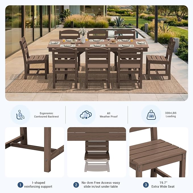 KINGYES Outdoor Armless Dining Chairs Set of 8,All-Weather HDPE Patio Chairs for Backyard,Pooside,Brown