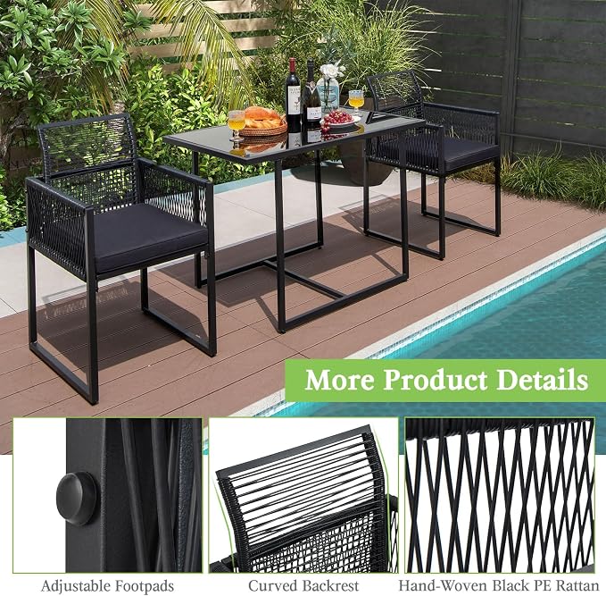 Tangkula 3 Pieces Outdoor Dining Set, PE Rattan Patio Furniture Set with Folding Backrest, Cozy Seat Cushions, Tempered Glass Tabletop, Space-Saving Bistro Table and Chairs Set of 2 for Backyard Pool