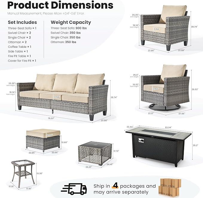 ovios 10 Pieces Patio Furniture Set with Swivel Chairs Rocking Gliders, 54" Fire Pit Table, Outdoor Sofa Couch with Solar Lights Table, Modern Deep Seat Wicker Rattan Conversation Set, Beige