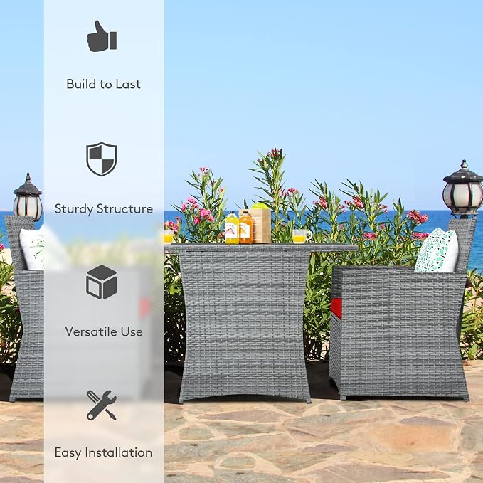 Tangkula 3 Pieces Patio Dining Set, Patiojoy Space-Saving PE Rattan Bistro Set with Tempered Glass Top Table and Cushioned Chairs, Outdoor Conversation Set for Garden, Backyard, Poolside, Porch (Red)