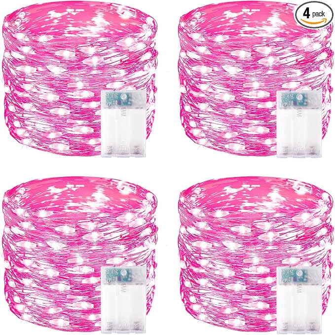 4 Pack 60 LED Fairy Lights Battery Operated with Timer, String Lights Pink | 20 FT, Cuttable Copper Wire, Waterproof Battery Lights for Indoor Outdoor, Wedding, Birthday, Bedroom, Christmas Decorations