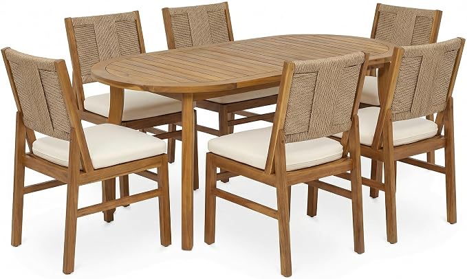 Christopher Knight Home 7 Piece Outdoor Dining Set with 70 Inch Oval Acacia Wood Patio Table and 6 Wicker Woven Dining Chairs with Cushions, Teak Finish Outdoor Table and Chairs for Patio Deck Garden