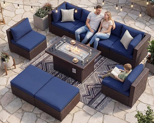 NICESOUL 9 Piece Patio Furniture Set with Fire Pit Natural Gas/Propane, 29.3'' High Back Comfy Outdoor Wicker Conversation Set, XL Large Deep Sitting Sectional Sets, Brown Rattan and Navy Blue Cushion