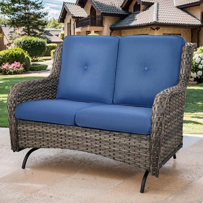 Patio Loveseat Wicker Loveseat Rattan Glider Sofa with Curved Armrest Thicking Back & Seat Cushions for Garden Balcony Backyard Grey Wicker|Blue Cushions (A) Patio Loveseat Glider