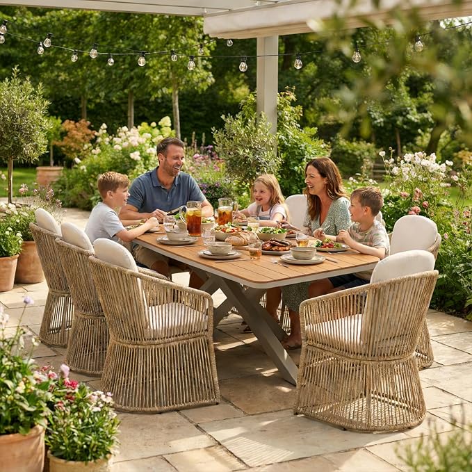 SUNSITT 9 Piece Outdoor Patio Dining Set, Patio Dining Furniture Set with 87” Aluminum Dining Table w/X Base Legs and 8 Woven Wicker Outdoor Patio Chairs w/Curved Armrest for Garden, Beige