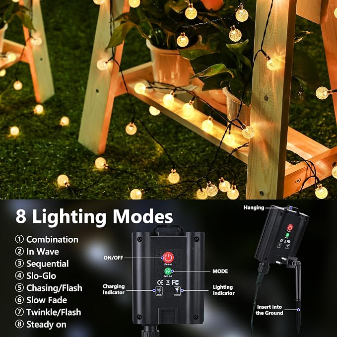 Joomer Warm White Solar String Lights,39FT 60LED Crystal Ball Fairy Light | 8 Modes Waterproof Outdoor Solar Powered Patio Lights for Spring Summer Garden Lawn Gazebo Porch Backyard Tree Decorations