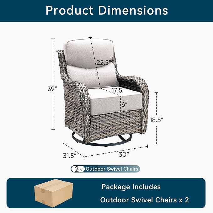 Luxury Wicker Patio Furniture Set-High Back Outdoor Swivel Chairs Set of 2 with 6" Thick Cushions Wide Armrest All Weather Patio Conversation Sets for Deck Porch Balcony(Grey/Beige)