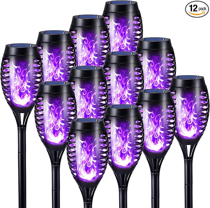 Toodour Solar Torch Flame Lights, 12 Pack Solar Lights Outdoor with Flickering Flame, Waterproof Patio Light Landscape Decoration Lighting for Garden, Lawn, Yard, Outdoor Decorations - Purple