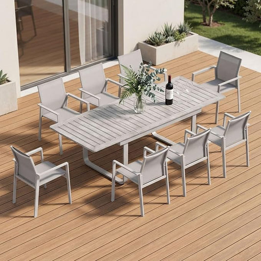 9-Piece Expandable Patio Dining Set for 8, Never-Rust Aluminum Patio Table and Chairs Set, Outdoor Dining Set Outdoor Furniture Set with Stackable Dining Chairs for Deck, Lawn, Poolside