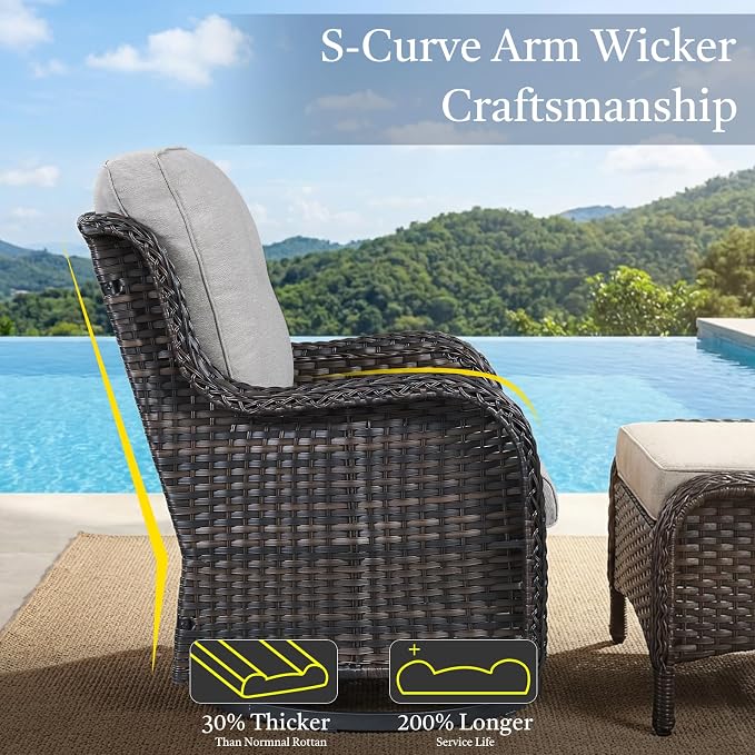 Outdoor Swivel Chairs-Patio Swivel Glider Chairs with Ottomans Outdoor Conversation Set for Deck Balcony Poolside Backyard-Brown/Beige