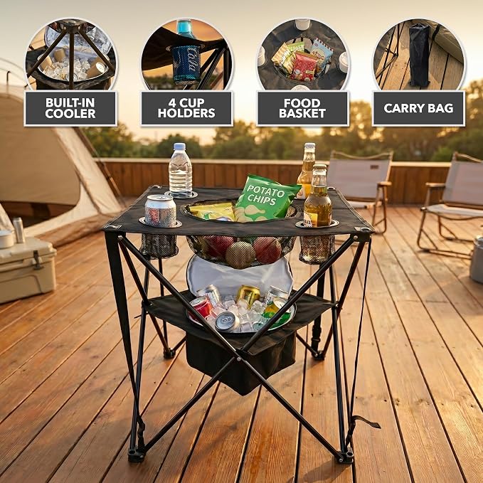 OVENTE Collapsible Folding Camping Table with Insulated Cooler, 4 Cup Holders, Food Basket and Travel Bag, Portable Tailgating Table for Fishing, Outdoor Barbecue or Beach Parties, Black POTC0014B