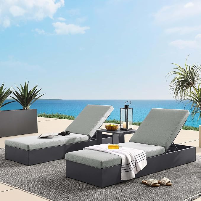 Modway Tahoe Aluminum Outdoor Patio Set of 2 Chaise Side Gray, 3-Piece Set of Pool Lounge Chairs and Accent Table for Backyard Furniture