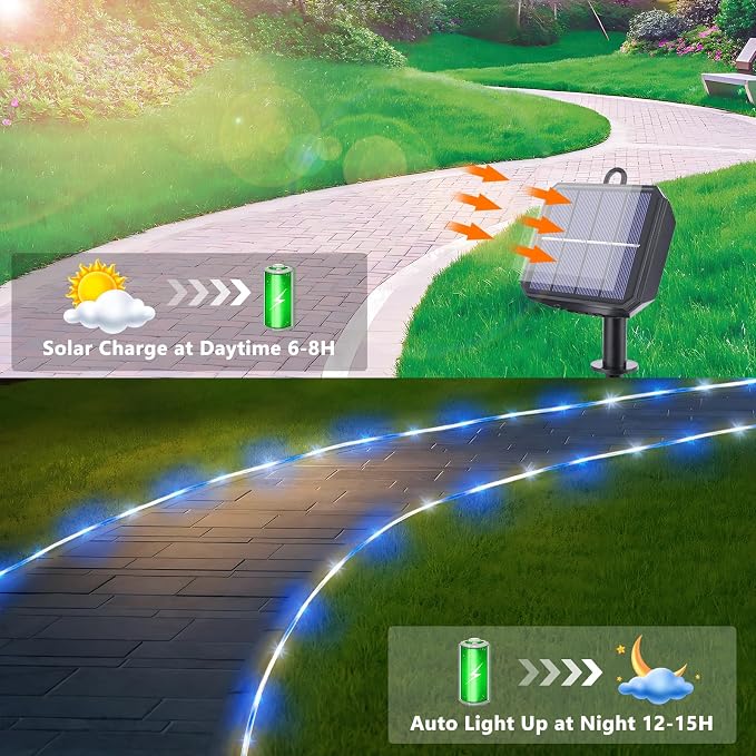 Solar Rope Lights, 2 Pack Total 66ft 200LED Solar String Lights, 8 Modes Waterproof Solar Outdoor Light, Flexible Clear Trampoline Light for Garden Yard Patio Deck Porch Pool Tree Decor - White & Blue