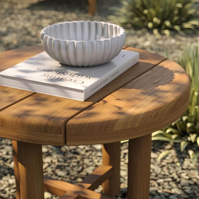 Modway Eleni 20-Inch Outdoor Teak Wood Side Table in Natural – Round Patio End Table with Slatted Top for Patios, Decks, Or Gardens