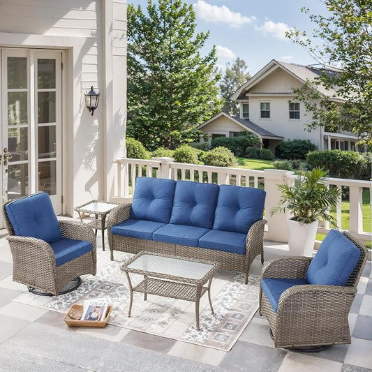 5 Pieces Wicker Patio Furniture Set-Outdoor Swivel Rocker Patio Chairs Patio Sofa Set with Tempered Glass Top Outdoor Coffee Table for Deck Lawn Porch Balcony Poolside-Grey/Blue