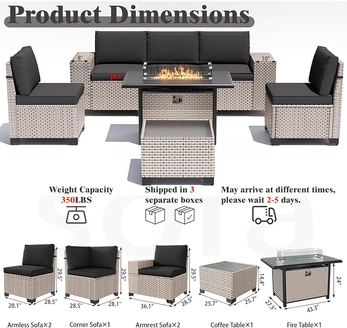 7 Pieces Patio Furniture Set with Fire Pit Table, Outdoor Sectional Wicker Sofa with Thickened Cushions and Coffee Table, High Back Rattan Patio Conversation Sets, Black