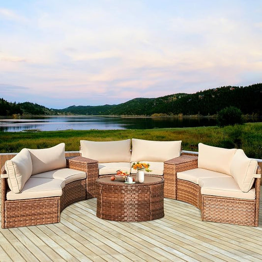 ECOTOUGE Large Half-Moon Outdoor Patio Furniture Set, 9 Piece Wicker Rattan Patio Sectional Furniture Sofa Set Conversation Set for Pool Backyard Balcony Garden(Beige/Brown)
