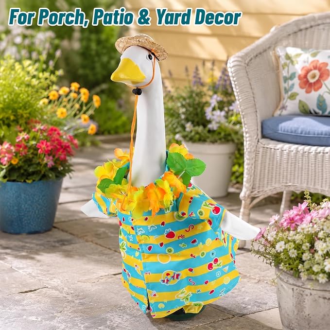 Porch Goose Outfits Summer Hawaiian Shirt Set for 23 Inch Porch Goose, Green Shirt with Straw Hat and Lei for Yard Garden Decor