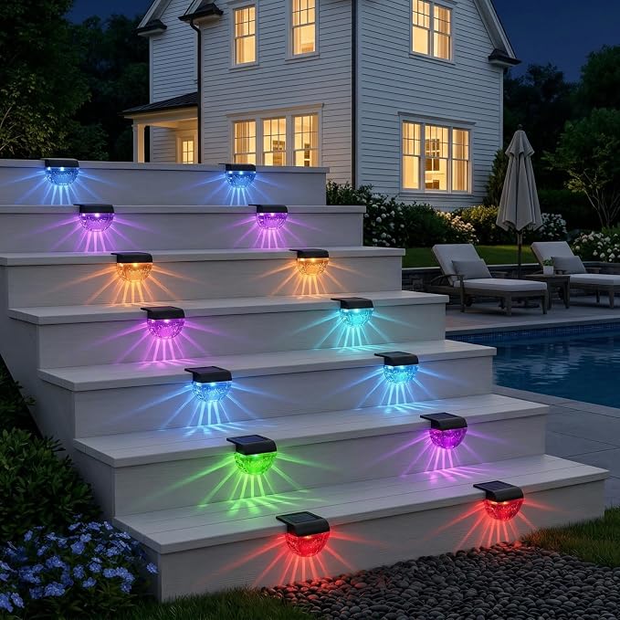 Melunar 12 Pack Solar Deck Lights Outdoor, Solar Step Lights Waterproof for Outside, Yard, Patio, Garden, Pool, Railing, Stairs, Fence (Color Changing)