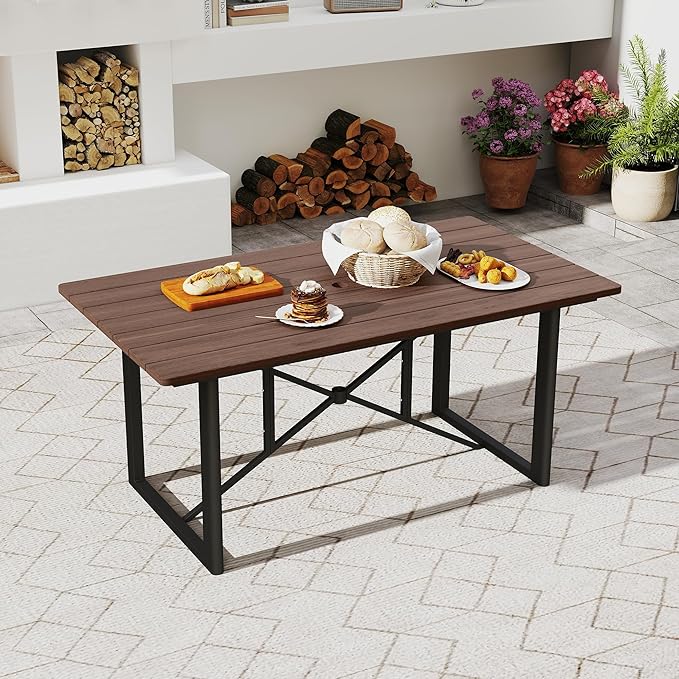 HAPPATIO Outdoor Acacia Wood Dining Table, 6-Person Patio Dining Table with Powder-Coated Aluminum Frame, Rectangle Outdoor Dining Table with Umbrella Hole for Deck Yard Garden