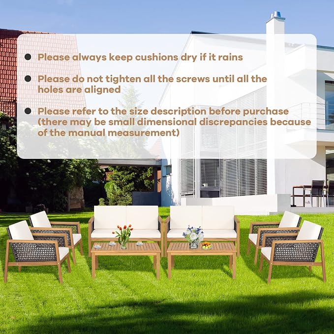 8 Pieces Outdoor Acacia Wood Furniture Set, Outdoor PE Wicker Conversation Set with Coffee Table and Soft Cushions, Outdoor Sofa Set for Garden, Poolside and Backyard (2, Off White)