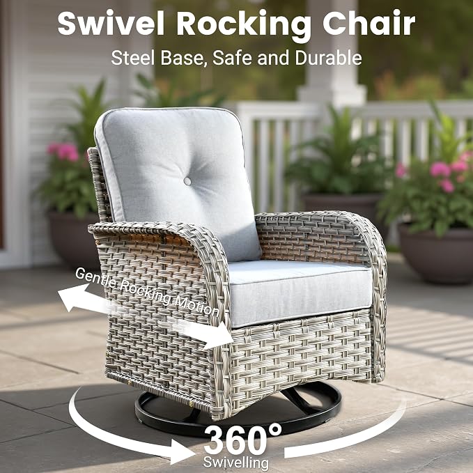 8 Pieces Wicker Patio Furniture Set,Outdoor Sectional Sofa with Swivel Chairs Coffee Table,Outside Deep Seat Rattan Couch Conversation Set,Light Grey