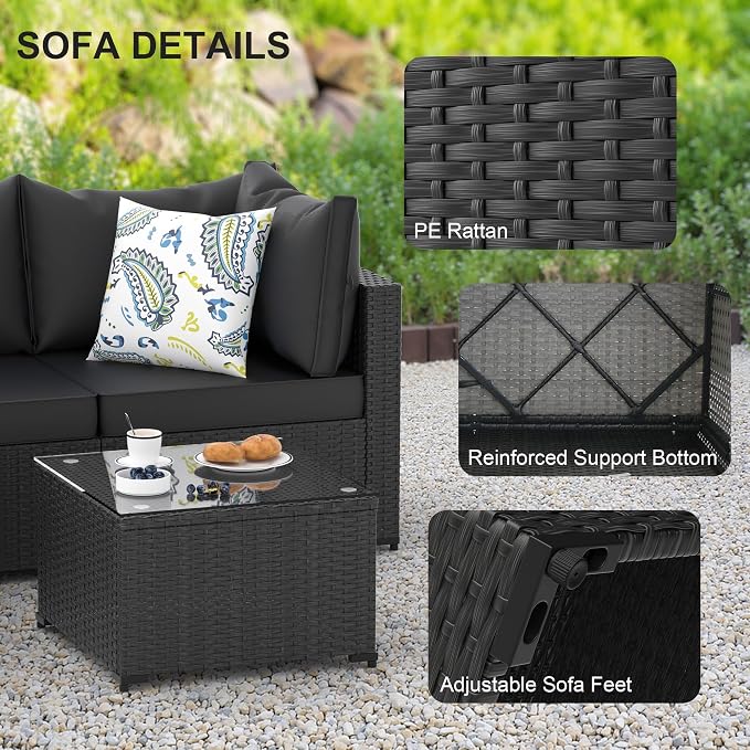 Patio Furniture Set, 6PCS Patio Sectional w/ Fire Pit Tabel Ottoman Wicker Rattan Outdoor Furniture with Thickened Cushion Modular Wicker Patio Conversation Set with Glass Top Table for Balcony(Black)