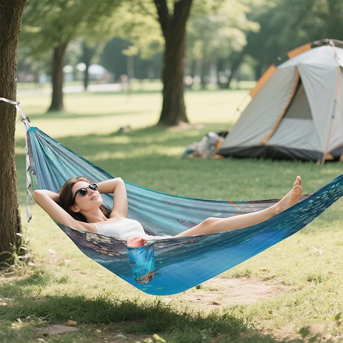 Sea Stingray Camping Hammock, Portable Lightweight Single Hammock with Tree Straps and Aluminum Carabiners, 114" x 54" Travel Hammock for Hiking Backpacking Beach