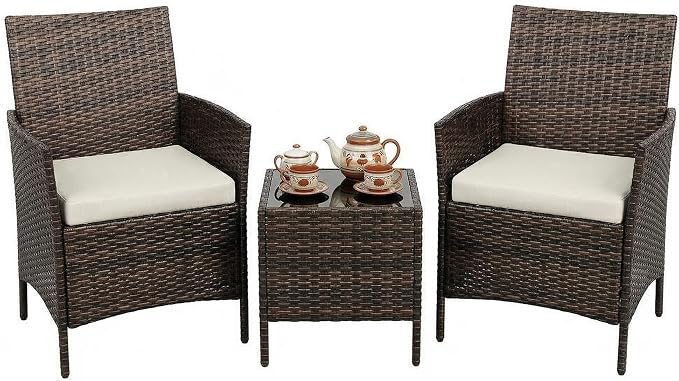 3 Piece Patio Furniture Set, Outdoor Patio Wicker Sofa Set with Upholstery and Glass Storage Coffee Table, All Weather Conversation Rattan Set for Garden, Porch, Lawn, Pool, Brown+White
