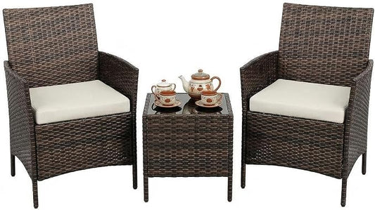 3 Piece Patio Furniture Set, Outdoor Patio Wicker Sofa Set with Upholstery and Glass Storage Coffee Table, All Weather Conversation Rattan Set for Garden, Porch, Lawn, Pool, Brown+White