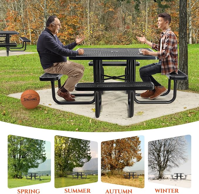 Ceridwen Heavy Duty Picnic Table with 4 Benches, Expanded Metal Steel Mesh Outdoor Patio Dining Table Bench Set with Umbrella Hole,Outdoor Patio Dining Table for Garden (Square, Black, 46FT)