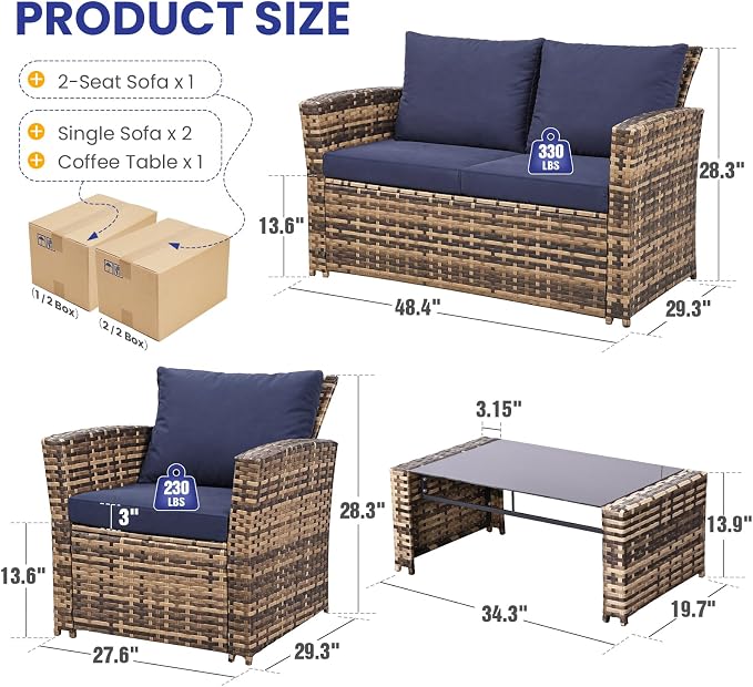 FHFO 4 Piece Outdoor Wicker Patio Furniture Set, Yellow/Blue | Sectional Sofa | All-Weather Hand-Woven Rattan | Tempered Glass Coffee Table | Durable Fabric | Indoor & Outdoor Use