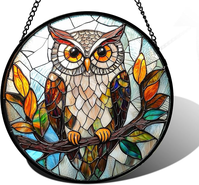 DASTOLL Stained Glass Window Hanging, Owl Colorful Leaves Birds Sun Catchers Diamond Glass Panel Hangings Suncatcher Decor for Birthday for Women, Men, Wife, Aunt, and Mom 7.8 in