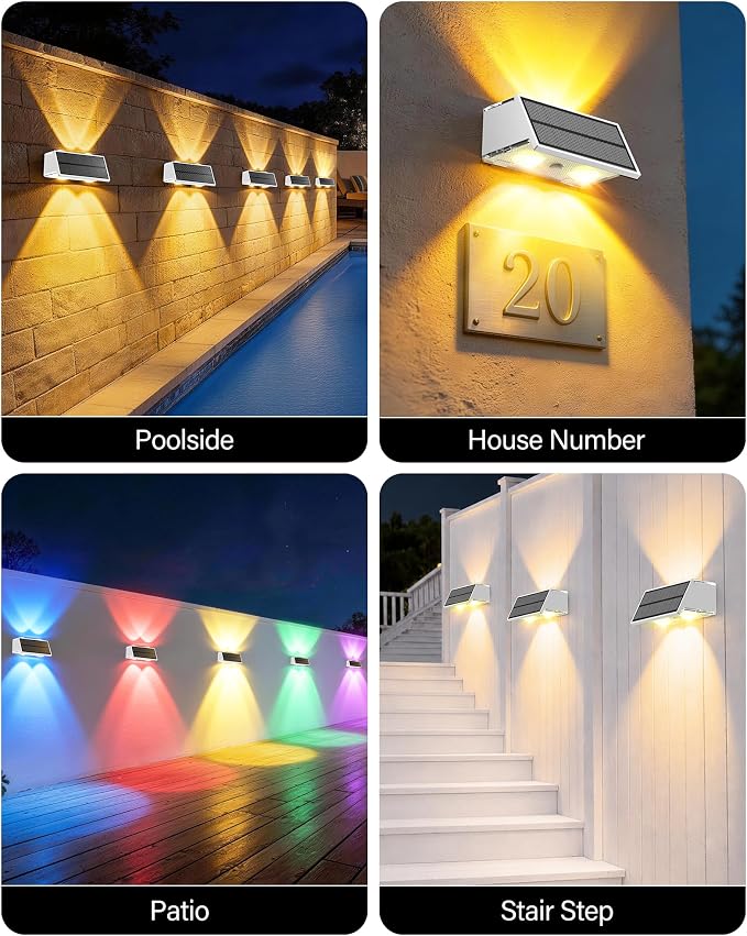 Solar Fence Lights Outdoor, 2 Pack Fence Solar Lights Waterproof | IP65 Fence Lights Solar Powered Up & Down LED Focus, 9 Color Modes, 12H Dusk to Dawn Glow for Pool/Patio/Backyard - White