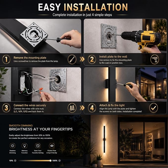 2Pack Modern Outdoor Wall Lights Dimmable,39" Linear Led Exterior Wall Light,3CCT, Aluminum& PC,IP65-Waterproof, Long Exterior Lighting Fixtures for Front Door,Stair, Black,Wall,Garage