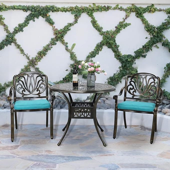 VIVIJASON 3-Piece Patio Bistro Sets, All-Weather Cast Aluminum Bistro Table Set Outdoor Patio Furniture, Include 2 Cushioned Chairs and 35.4" Round Table, 2" Umbrella Hole, Ocean Blue Cushion