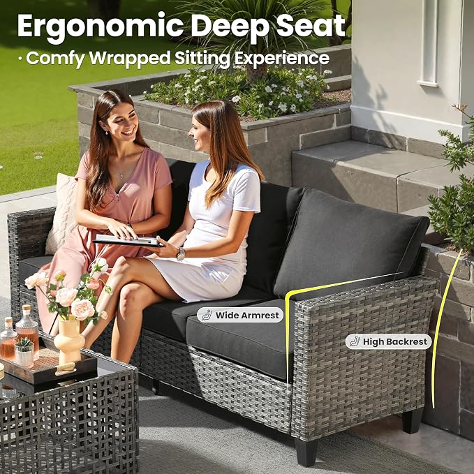 ovios 5 Pieces Patio Furniture Set, Outdoor Wicker Sofa Couch with Swivel Glider Chairs Solar Lights Table, Modern Deep Seat Rattan Conversation Sets for Deck Porch, Black