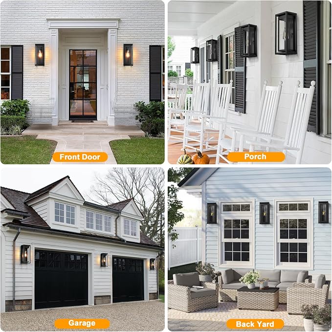 15" Large Outdoor Wall Lights, 2 Pack Matte Black Outdoor Sconces, Modern Waterproof Exterior Lighting Fixtures with Clear Glass Shade for Front Door, Porch, Garage