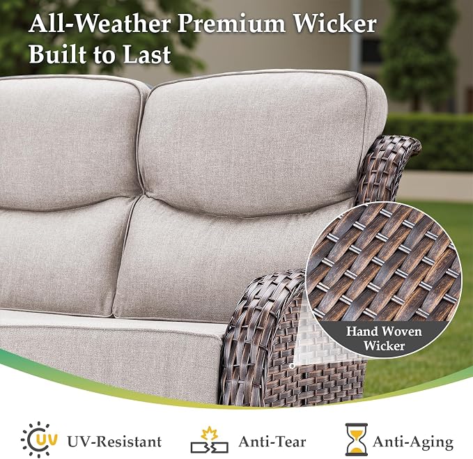 Luxury Outdoor Patio Furniture Set-Wicker High Backrest 3-Seat Patio Sofa with Comfy 6" Cushion, Rattan Couch with Deep Seat All-Weather Patio Conversation Set for Deck Backyard Garden(Brown/Beige)