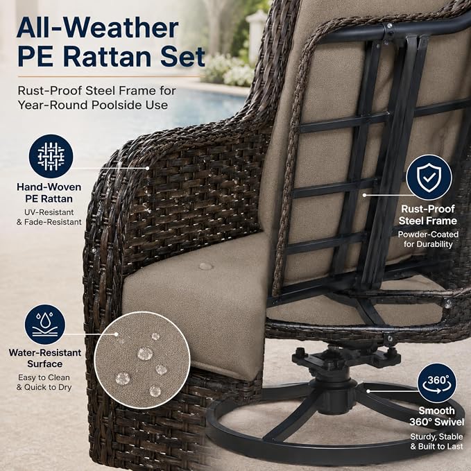 HUMMUH Outdoor Swivel Rocker Wicker Patio Chairs High Back PE Rattan Glider Chairs 4PCS Patio Furniture Set(Brown,Grey)