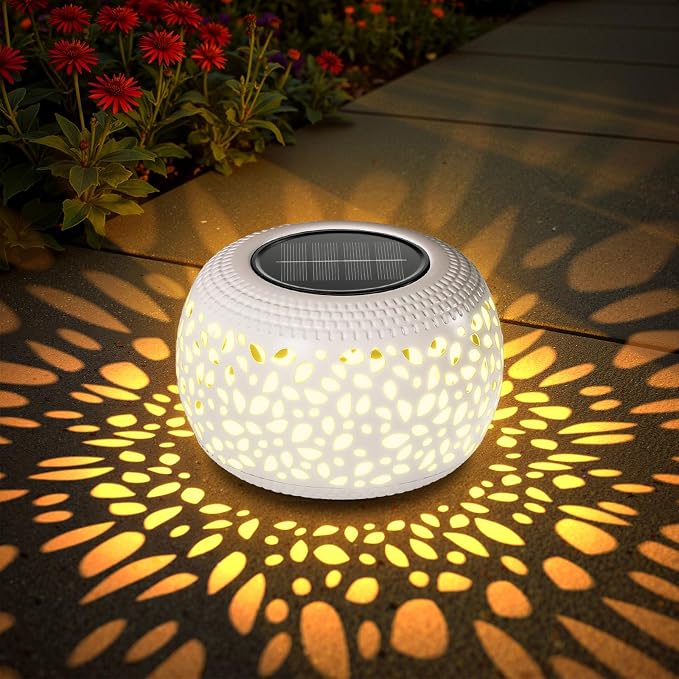 Solar Lanterns Outdoor Waterproof Lights: 2Pack White Hollow Out Metal Table Light, Outside Garden Yard Balcony Indoor Tabletop Lighting Decorations, Unique Gardening Gifts for Women Mom
