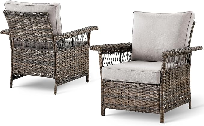 Rilyson Luxury Outdoor Patio Wicker Chairs Set of 2, Rattan 2 Piece Patio Chair Set with High Back, Comfy Cushions and Deep Seating for Porch Deck Backyard Garden(Brown/Beige)
