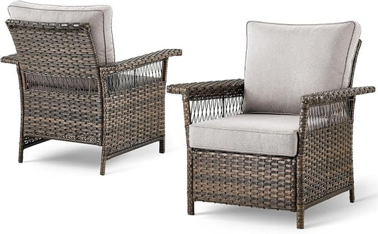 Rilyson Luxury Outdoor Patio Wicker Chairs Set of 2, Rattan 2 Piece Patio Chair Set with High Back, Comfy Cushions and Deep Seating for Porch Deck Backyard Garden(Brown/Beige)
