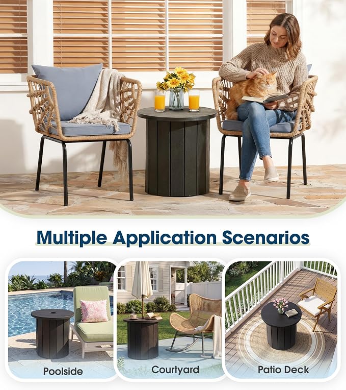 wikiwiki 2-in-1 70Lbs Patio Umbrella Base & Outdoor Side Table with Hole, HDPE Woodgrain Small Outdoor Table Fits 1.5-1.9in Pole for Patio, Deck, Poolside & Garden Use, Dark Black