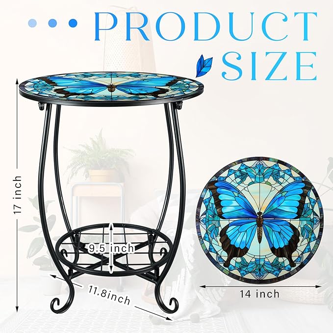 Cinnvoice Outdoor Side Table Round Small Mosaic Patio Accent Indoor End Plant Coffee Tea Table for Yard Patio Porch Garden Living Room, Bedroom