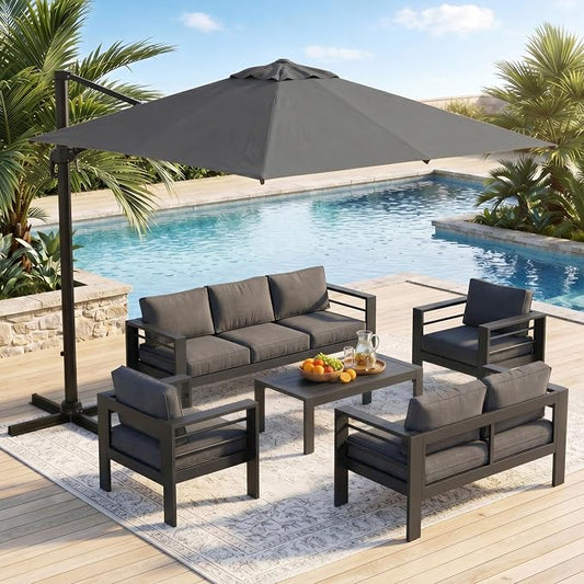 Wisteria Lane 6 Pieces Aluminum Patio Furniture Set with Umbrella, All Weather Oversized Outdoor Furniture Set with Deep Seat and Back Cushion, Patio Conversation Sets with Wide armrest, Gray & Gray