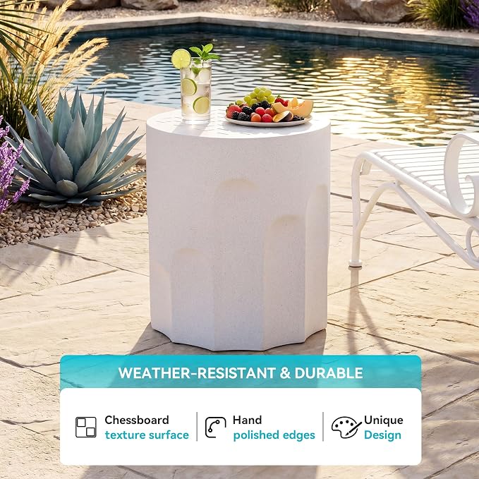 COSIEST Outdoor Side Table, 16.9" Modern Concrete End Table w Chessboard for Patio,Lightweight Round Outside Accent Table & Plant Stand for Garden, Porch, Deck, Balcony，White