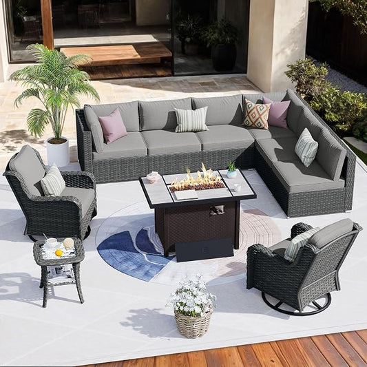 HOOOWOOO Outdoor Patio Furniture Set with Fire Pit 10 Pieces Patio Set with Fire Pit Wicker Outdoor Furniture with Fire Pit Table Set Patio Conversation Set with Swivel Chairs,Dark Gray